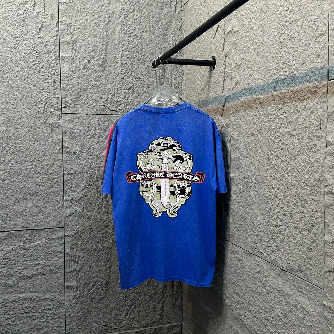 🅿️180 CH* Crow Heart* 2025 spring and summer new style Snowflake distressed washed retro round neck short sleeves Chest and front logo Front and back cross horseshoe print Customized fabric Short-sleeved T-shirt Unisex Size: S M L XL XXL Color: Snowflake Black Snowflake Gray Snowflake Pink Snowflake Blue